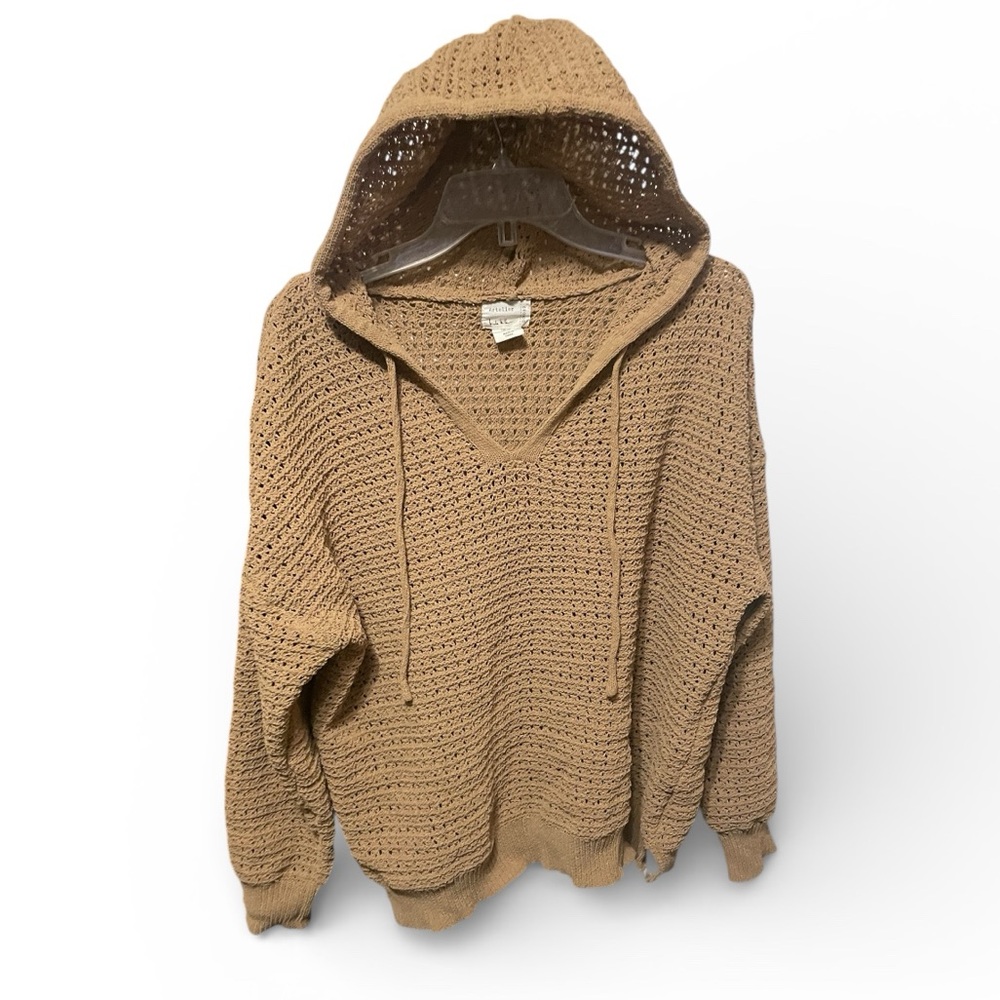 Artelier Nicole Miller Open Knit Hoodie Sweater beach neutral basic camel sz 1X